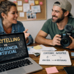 Chica y chico sonriendo , un ordenador en pantalla pone storytelling vs inteligencia artificial. Contenido auténtico son historias y vida real