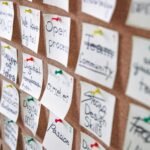 Colorful sticky notes pinned to a cork board for strategic planning and idea collection.