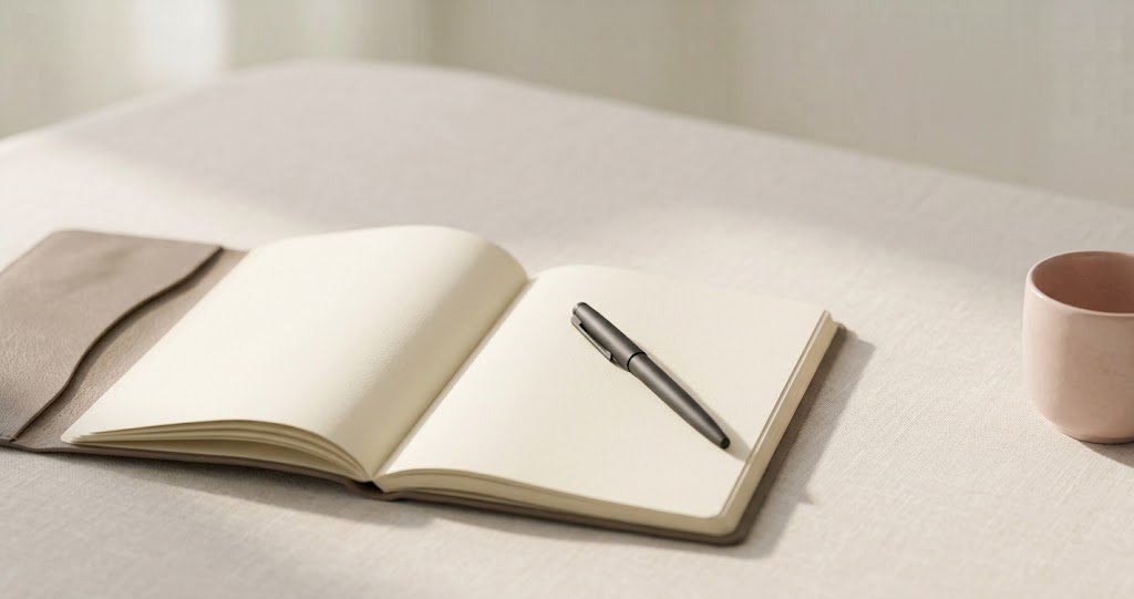 libreta abierta con un bolígrafo encima de una mesa